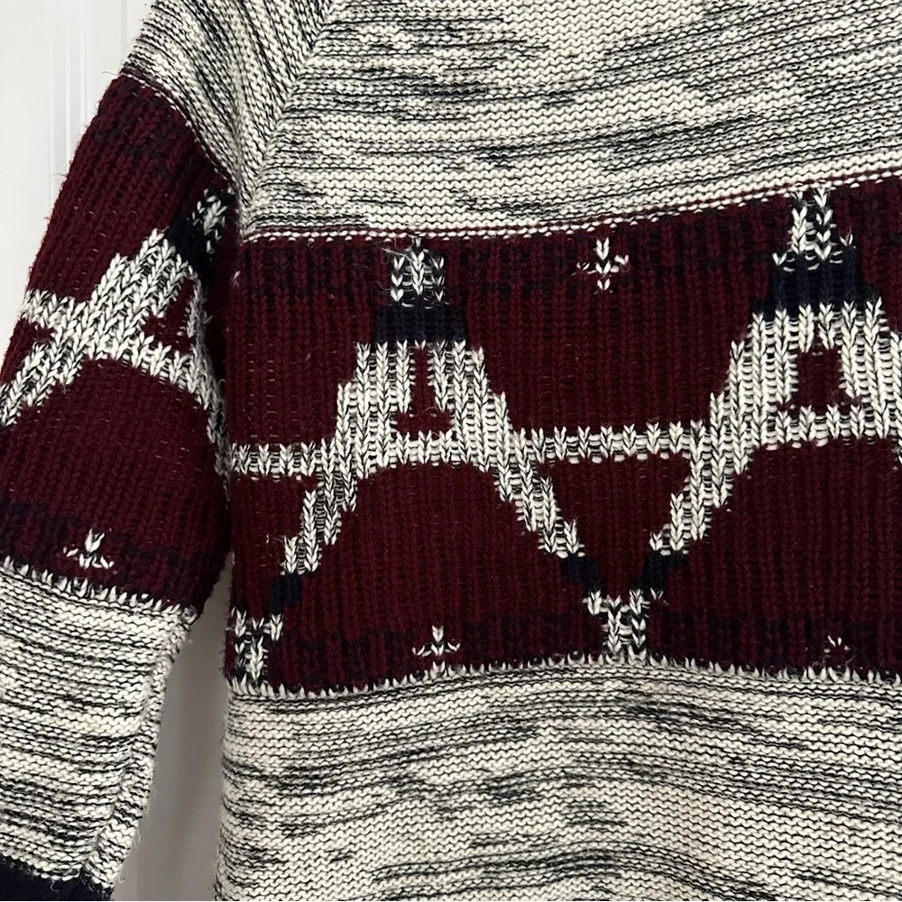 Fair Isle Fall Grey & Burgundy Open Front Oversized Cardigan Sweater
